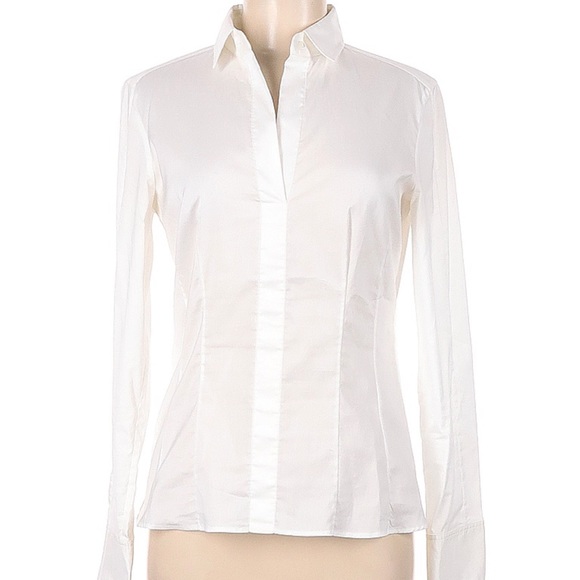 Boss By Hugo Boss BASHINA White Collared Blouse Button-Less Side Zip Vneck Sz 0 - Picture 2 of 15
